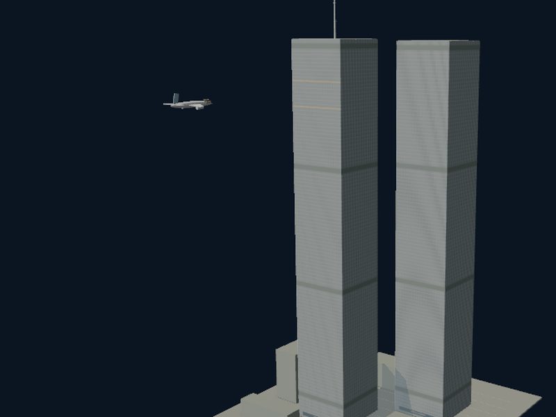 Boeing 767-200ER and Twin Towers Reconstruction: fly brain experiment scene