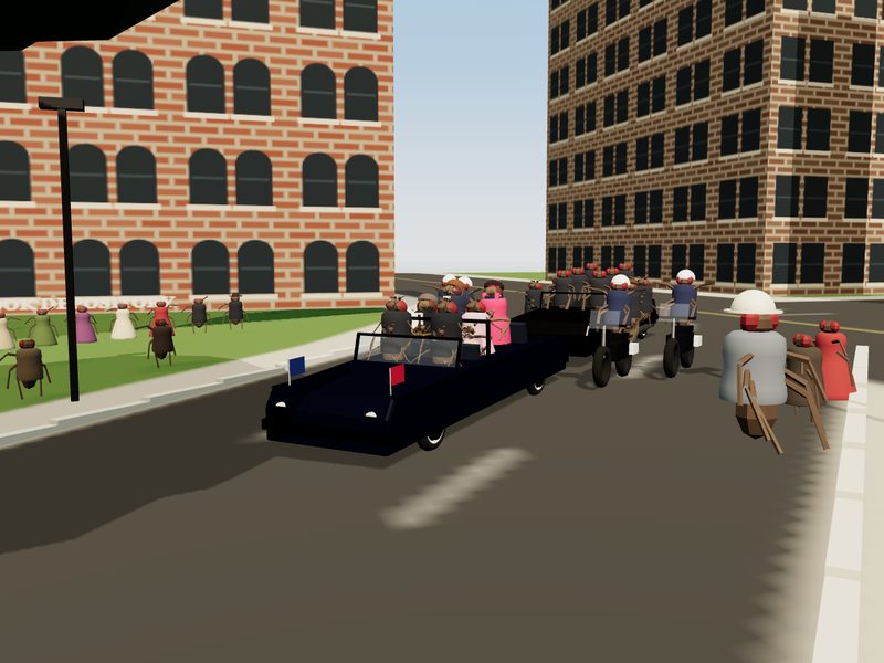 Dealey Plaza, 22 November 1963: Frame-Timed Motorcade Reconstruction: fly brain experiment scene